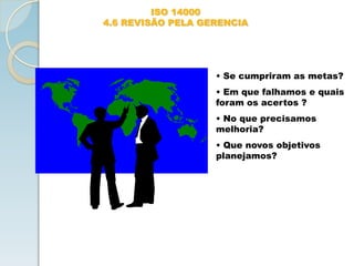 ISO 14000
4.6 REVISÃO PELA GERENCIA
• Se cumpriram as metas?
• Em que falhamos e quais
foram os acertos ?
• No que precisamos
melhoria?
• Que novos objetivos
planejamos?
 