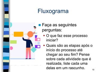 Fluxograma
 Faça as seguintes
perguntas:
 O que faz esse processo
iniciar?
 Quais são as etapas após o
início do processo até
chegar ao seu fim? Pense
sobre cada atividade que é
realizada, liste cada uma
delas em um rascunho. 10
 