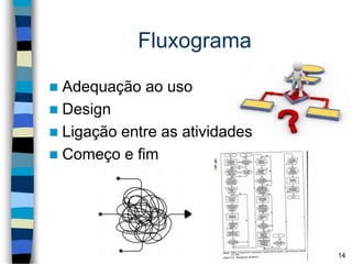 Fluxograma
 Adequação ao uso
 Design
 Ligação entre as atividades
 Começo e fim
14
 