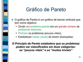 18
Gráfico de Pareto
 O gráfico de Pareto é um gráfico de barras verticais que
tem como objetivo:
 Dividir um problema grande em um grande número de
problemas menores;
 Priorizar os problemas (poucos vitais);
 Estabelecer metas viáveis de serem alcançadas;
O Princípio de Pareto estabelece que os problemas
podem ser classificados em duas categorias:
os “poucos vitais” e os “muitos triviais”
 