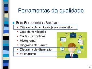 2
Ferramentas da qualidade
 Sete Ferramentas Básicas
 Diagrama de Ishikawa (causa-e-efeito)
 Lista de verificação
 Cartas de controle
 Histograma
 Diagrama de Pareto
 Diagrama de dispersão
 Fluxograma
 