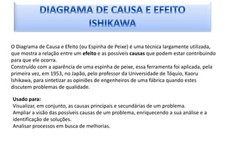 O Diagrama de Causa e Efeito (ou Espinha de Peixe) é uma técnica largamente utilizada,
que mostra a relação entre um efeito e as possíveis causas que podem estar contribuindo
para que ele ocorra.
Construído com a aparência de uma espinha de peixe, essa ferramenta foi aplicada, pela
primeira vez, em 1953, no Japão, pelo professor da Universidade de Tóquio, Kaoru
Ishikawa, para sintetizar as opiniões de engenheiros de uma fábrica quando estes
discutem problemas de qualidade.

Usado para:
Visualizar, em conjunto, as causas principais e secundárias de um problema.
Ampliar a visão das possíveis causas de um problema, enriquecendo a sua análise e a
identificação de soluções.
Analisar processos em busca de melhorias.
                                                             Em desenvolvimento:
 