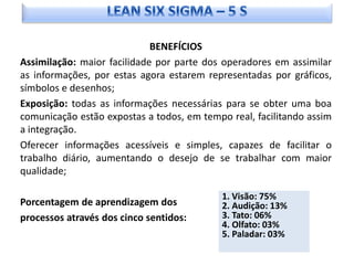 BENEFÍCIOS
Assimilação: maior facilidade por parte dos operadores em assimilar
as informações, por estas agora estarem representadas por gráficos,
símbolos e desenhos;
Exposição: todas as informações necessárias para se obter uma boa
comunicação estão expostas a todos, em tempo real, facilitando assim
a integração.
Oferecer informações acessíveis e simples, capazes de facilitar o
trabalho diário, aumentando o desejo de se trabalhar com maior
qualidade;

                                            1. Visão: 75%
Porcentagem de aprendizagem dos             2. Audição: 13%
processos através dos cinco sentidos:       3. Tato: 06%
                                            4. Olfato: 03%
                                            5. Paladar: 03%
 