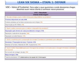VOC – Voice of Customer: Para saber o que queremos e onde desejamos chegar,
           devemos ouvir nosso cliente e conhecer nosso processo.
 