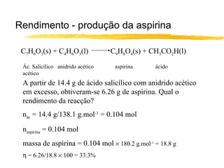 Rendimento - produção da aspirina C 7 H 6 O 3 (s) + C 4 H 6 O 3 (l) C 9 H 8 O 4 (s) + CH 3 CO 2 H(l) Ác. Salicílico  anidrido acético  aspirina  ácido acético A partir de 14.4 g de ácido salicílico com anidrido acético em excesso, obtiveram-se 6.26 g de aspirina. Qual o rendimento da reacção? n ác  = 14.4 g/138.1 g.mol -1  = 0.104 mol n aspirina  = 0.104 mol massa de aspirina = 0.104 mol    180.2 g.mol -1  = 18.8 g    = 6.26/18.8    100 = 33.3% 