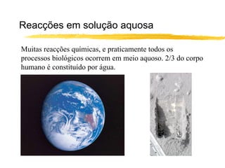 Reacções em solução aquosa Muitas reacções químicas, e praticamente todos os processos biológicos ocorrem em meio aquoso. 2/3 do corpo humano é constituído por água.  