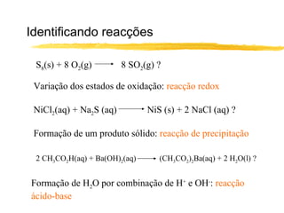 Identificando reacções S 8 (s) + 8 O 2 (g)  8 SO 2 (g) ? Variação dos estados de oxidação:  reacção redox NiCl 2 (aq) + Na 2 S (aq) NiS (s) + 2 NaCl (aq) ? Formação de um produto sólido:  reacção de precipitação 2 CH 3 CO 2 H(aq) + Ba(OH) 2 (aq)   (CH 3 CO 2 ) 2 Ba(aq) + 2 H 2 O(l) ? Formação de H 2 O por combinação de H +  e OH - :  reacção ácido-base 