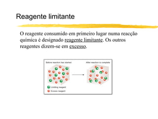 Reagente limitante O reagente consumido em primeiro lugar numa reacção química é designado  reagente limitante . Os outros reagentes dizem-se em  excesso . 