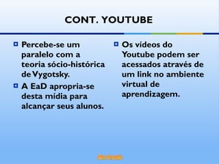 Percebe-se um paralelo com a teoria sócio-histórica de Vygotsky. A EaD apropria-se desta mídia para alcançar seus alunos. Os vídeos do Youtube podem ser acessados através de um link no ambiente virtual de aprendizagem. CONT. YOUTUBE 