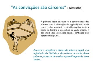 “As convicções são cárceres” ( Nietzsche)

•                      A primeira idéia do texto é a concordância das
                       autoras com a afirmação de Vygotsky (1978) de
                       que o conhecimento é construído coletivamente a
                       partir da história e da cultura de cada pessoa. É
                       por meio das interações sociais contínuas que
                       aprendemos (P. 01).




                 Pensem e ampliem a discussão sobre o papel e a
                 influência da história e da cultura de cada aluno
                 sobre o processo de ensino aprendizagem de uma
                 turma.
 