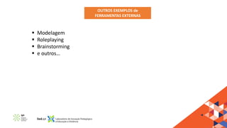 OUTROS EXEMPLOS de
FERRAMENTAS EXTERNAS
▪ Modelagem
▪ Roleplaying
▪ Brainstorming
▪ e outros…
 