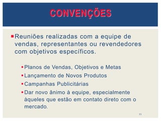 CONVENÇÕES
Reuniões realizadas com a equipe de
vendas, representantes ou revendedores
com objetivos específicos.
Planos de Vendas, Objetivos e Metas
Lançamento de Novos Produtos
Campanhas Publicitárias
Dar novo ânimo à equipe, especialmente
àqueles que estão em contato direto com o
mercado.
11
 