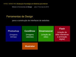 FATEC / SENAC RIO  |  Graduação Tecnológica em Sistemas para Internet Ferramentas de Design para a construção de interfaces de websites Photoshop (imagens bitmap) Dreamweaver (criação de sites) Flash (criação de sites interativos e animação digital) CorelDraw (imagens vetoriais) Módulo 2 | Ferramentas de  Design  aula | 17 de maio de 2010 Illustrator 