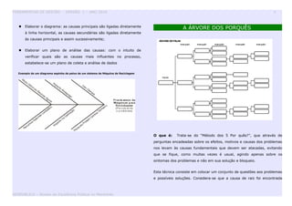 FERRAMENTAS DE GESTÃO - VERSÃO 1 – ANO 2010 8
 Elaborar o diagrama: as causas principais são ligadas diretamente
à linha horizontal, as causas secundárias são ligadas diretamente
às causas principais e assim sucessivamente;
 Elaborar um plano de análise das causas: com o intuito de
verificar quais são as causas mais influentes no processo,
estabelece-se um plano de coleta e análise de dados
Exemplo de um diagrama espinha de peixe de um sistema de Máquina de Reciclagem
A ÁRVORE DOS PORQUÊS
O que é: Trata-se do “Método dos 5 Por quês?”, que através de
perguntas encadeadas sobre os efeitos, motivos e causas dos problemas
nos levam às causas fundamentais que devem ser atacadas, evitando
que se fique, como muitas vezes é usual, agindo apenas sobre os
sintomas dos problemas e não em sua solução e bloqueio.
Esta técnica consiste em colocar um conjunto de questões aos problemas
e possíveis soluções. Considera-se que a causa de raiz foi encontrada
GESPUBLICA – Núcleo da Excelência Pública no Maranhão
 