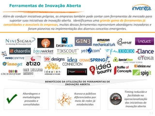 Ferramentas de Inovação Aberta

Além de conduzir iniciativas próprias, as empresas também pode contar com ferramentas de mercado para
    suportar suas iniciativas de inovação aberta. Identificamos uma grande gama de ferramentas já
consolidadas e acessíveis às empresas, muitas dessas ferramentas representam abordagens inovadoras e
                  foram pioneiras na implementação dos diversos conceitos emergentes.




                            BENEFÍCIOS DA UTILIZAÇÃO DE FERRAMENTAS DE
                                         INOVAÇÃO ABERTA


                                                                                                     Timing reduzido e
             Abordagens e                                                        Acesso a públicos
                                                         Nó

                                                                    Nó



                                             Nó           Tema      Nó
                                                                                                        facilidade na
             metodologias                                                        diferenciados por
                                                                                                     operacionalização
                                                                          Tema




              provadas e                                                         meio de redes já
                                                          Empresa

                                      Tema


                                                                         Tema
                                                                                                     das iniciativas de
             consolidadas                         Tema

                                                                                   estabelecidas
                                                                                                      inovação aberta

                                                                                                                          13
 