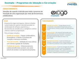 Exemplo - Programas de Ideação e Co-criação

     EXAGO MARKETS
     Soluções de suporte à decisão para todo o processo de
     Inovação de uma organização por meio de ferramentas
     colaborativas

       O QUE                                                       FUNCIONAMENTO
       • Empresa de origem portuguesa, oferece soluções
         customizadas de suporte à decisão baseadas na                  Definição da demanda – A Exago Markets buscará
         combinação de software, experiência, e                     1   compreender a necessidade da organização quanto à
                                                                        Inovação Aberta e indicará a solução mais adequada para
         ferramentas de conexão com a inteligência coletiva
                                                                        o caso
         interna e externa à organização.
                                                                        Implementação – O(s) sistema(s) selecionados serão
       • Três principais soluções:                                      implementados com as customizações necessárias e na
         −        Gestão da Inovação – Engajar colaboradores,       2   plataforma escolhida (web, intranet...), incluindo a
                                                                        formação do banco de dados de solvers e sua
                  fornecedores e clientes no processo de                segmentação
                  inovação e mensurar resultados
                                                                        Montagem dos desafios – A partir da interface dos
         −        Prova de conceito – Validação de novas ofertas        softwares o cliente pode montar e lançar desafios com os
                  com clientes e gestão de resultados               3   mais diferentes propósitos e para o público desejado

         −        Predição de eventos – Dimensionamento                 Gestão do processo – A partir da montagem dos desafios
                  coletivo de diferentes variáveis, tais como           a empresa pode tanto gerir o processo de geração e
                  volume de vendas e cronogramas de projetos            seleção de idéias quanto ir além, e desenvolvê-las e
                                                                    4   transformá-las em projetos, executá-los e acompanhar os
                                                                        resultados e impactos do processo de inovação.



Fonte: Empresa.                                                                                                                    27
 