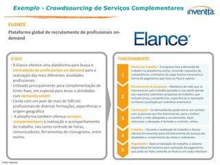 Exemplo - Crowdsourcing de Serviços Complementares

     ELANCE
     Plataforma global de recrutamento de profissionais on-
     demand



       O QUE                                                   FUNCIONAMENTO
       • A Elance oferece uma plataforma para busca e               Postar um trabalho – A empresa lista a demanda de
         contratação de profissionais on-demand para a              trabalho na plataforma online, incluindo requisitos de
         realização das mais diferentes atividades              1   competências, estimativa da carga horária necessária e
                                                                    forma de pagamento (por hora ou fixo) e valores.
         profissionais
       • Utilizado principalmente para complementação de            Recebimento de propostas – Membros da rede que se
         times fixos, em especial para áreas a atividades           interessaram pelo trabalho postado e cujo perfil atende
                                                                    aos requisitos submetem propostas de trabalho, que
         com demanda volátil                                    2   incluem preço, competências, experiências e reputação
       • Conta com um pool de mais de 500 mil                       no Elance (avaliação por trabalhos anteriores).
         profissionais de diversas formações, experiências e
                                                                    Contratação – Os demandantes pode entrar em contato
         origem geográfica
                                                                    com as pessoas que lhe interessaram, para a melhor
       • A plataforma também oferece serviços
                                                                3   escolher a mais adequada a sua demanda. Após
         complementares à realização e acompanhamento               selecionar o desejado, é fechado o contrato, online.
         do trabalho, tais como controle de horas,
                                                                    Trabalho – Durante a realização do trabalho o Elance
         comunicadores, ferramentas de cronograma, entre            oferece ferramentas para monitoramento do avanço das
         outros.                                                4   atividades e cumprimento de metas e milestones.
                                                                    Pagamento – Após a realização do trabalho, o sistema
                                                                    disponibiliza ferramenta para realização do pagamento,
                                                                5   que pode ser feito somente ao final ou em cada milestone


Fonte: Empresa.                                                                                                                31
 