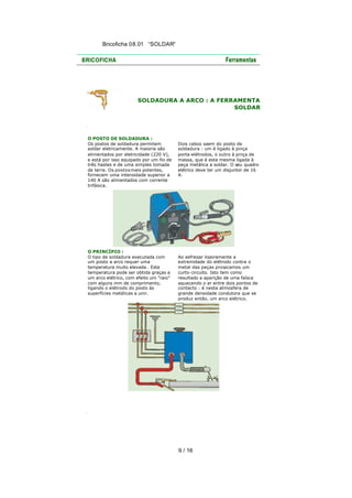 Bricoficha 08.01 “SOLDAR“

SOLDADURA A ARCO : A FERRAMENTA
SOLDAR

O POSTO DE SOLDADURA :
Os postos de soldadura permitem
soldar eletricamente. A maioria são
alimentados por eletricidade (220 V),
e está por isso equipado por um fio de
três hastes e de uma simples tomada
de terra. Os postos mais potentes,
fornecem uma intensidade superior a
140 A são alimentados com corrente
trifásica.

O PRINCÍPIO :
O tipo de soldadura executada com
um posto a arco requer uma
temperatura muito elevada . Esta
temperatura pode ser obtida graças a
um arco elétrico, com efeito um "raio"
com alguns mm de comprimento,
ligando o elétrodo do posto às
superfícies metálicas a unir.

Dois cabos saem do posto de
soldadura : um é ligado à pinça
porta-elétrodos, o outro à pinça de
massa, que é esta mesma ligada à
peça metálica a soldar. O seu quadro
elétrico deve ter um disjuntor de 16
A.

Ao esfregar ligeiramente a
extremidade do elétrodo contra o
metal das peças prov
ocamos um
curto-circuito. Isto tem como
resultado a aparição de uma faísca
aquecendo o ar entre dois pontos de
contacto : é nesta atmosfera de
grande densidade condutora que se
produz então, um arco elétrico.

9 / 16

 