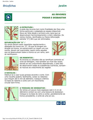 Bricoficha : Jardim

AS ÁRVORES
PODAR E DESBASTAR

A ESTRUTURA :
A poda das árvores tem como finalidade dar-lhes uma
forma particular e adaptada ao espaço disponível.
Deve ser feita desde o primeiro ano, para que se
desenvolvam harmoniosamente e criem rebentos. Os
ramos mortos, danificados ou fracos (bifurcação
estreita "V") têm que ser eliminados.
BIFURCAÇÃO EM "U" :'
Os ramos devem estar repartidos regularmente e
afastados do tronco em "U". Os que se dirigem em
direção ao tronco, se entrecruzam ou roçam uns nos
outros, devem ser suprimidos, assim como aqueles
que se desenvolvem sobre o tronco ou um ramo, sem
se ramificarem.
OS REBENTOS :
As árvores ou arbustos não se ramificam somente ao
nível da folhagem, mas também ao nível das raízes.
Devido ao seu crescimento desordenado, e pelo fato
de absorverem todas as substâncias nutritivas, tornamse nocivos ao crescimento do vegetal.
A NAVALHA :
Habitue-se a usar luvas grossas durante o corte. Com
uma navalha poderá, facilmente, cortar os rebentos
que meçam até 6 mm de diâmetro. Coloque a lâmina
na base do rebento e corte com um movimento
circular bem firme.
A TESOURA DE DESBASTAR :
Os ramos um pouco mais espessos (até 2.5 cm de
diâmetro) cortam-se com uma tesoura de desbastar.
Coloque-a na base do ramo a cortar, paralelamente ao
tronco procedente, e corte de uma só vez.

http://www.aki.pt/fiches/01/05/bfe_PT_01_05_2.htm8/3/2006 06:32:48

 