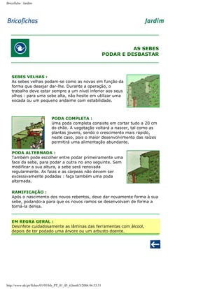 Bricoficha : Jardim

AS SEBES
PODAR E DESBASTAR

SEBES VELHAS :
As sebes velhas podam-se como as novas em função da
forma que desejar dar-lhe. Durante a operação, o
trabalho deve estar sempre a um nível inferior aos seus
olhos : para uma sebe alta, não hesite em utilizar uma
escada ou um pequeno andaime com estabilidade.

PODA COMPLETA :
Uma poda completa consiste em cortar tudo a 20 cm
do chão. A vegetação voltará a nascer, tal como as
plantas jovens, sendo o crescimento mais rápido,
neste caso, pois o maior desenvolvimento das raízes
permitirá uma alimentação abundante.
PODA ALTERNADA :
Também pode escolher entre podar primeiramente uma
face da sebe, para podar a outra no ano seguinte. Sem
modificar a sua altura, a sebe será renovada
regularmente. As faias e as cárpeas não devem ser
excessivamente podadas : faça também uma poda
alternada.
RAMIFICAÇÃO :
Após o nascimento dos novos rebentos, deve dar novamente forma à sua
sebe, podando-a para que os novos ramos se desenvolvam de forma a
torná-la densa.

EM REGRA GERAL :
Desinfete cuidadosamente as lâminas das ferramentas com álcool,
depois de ter podado uma árvore ou um arbusto doente.

http://www.aki.pt/fiches/01/05/bfe_PT_01_05_6.htm8/3/2006 06:33:31

 