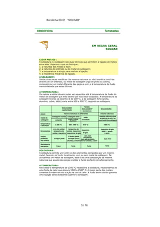 Bricoficha 08.01 “SOLDAR“

EM REGRA GERAL
SOLDAR

LIGAR METAIS :
A soldadura e a soldagem são duas técnicas que permitem a ligação de metais
entre eles. Vejamos o que os distingue :
1. a natureza dos metais a ligar;
2. a natureza do elétrodo ou do metal de soldagem;
3. a temperatura a atingir para realizar a ligação;
4. a resistência mecânica da ligação.
A SOLDAGEM :
Soldar duas peças metálicas (da mesma natureza ou não) significa juntá -las
através de um elétrodo, ou metal de soldagem (liga de prata ou cobre),
composto por um metal diferente das peças a unir, e à temperatura de fusão
menos elevada que estas últimas.
A TEMPERATURA :
Os metais a soldar devem poder ser aquecidos até à temperatura de fusão do
metal de soldagem que lhes deverá por isso estar adaptado. A temperatura da
soldagem branda (a estanho) é de 200° C, a da soldagem forte (prata,
alumínio, cobre, latão) varia entre 600 a 900 °C, segundo as soldagens.

SOLDADURA :
A soldadura permite unir entre si dois elementos compostos por um mesmo
metal, fazendo -os fundir localmente, com ou sem metal de soldagem. Se
utilizarmos um metal de soldagem, este é de uma composição da mesma
natureza que aquela das peças a soldar e funde portanto simultaneamente.
A TEMPERATURA :
Para obter a temperatura de 1500 °C necessária à soldadura, necessitamos de
uma fonte de calor que alcance 3 000 a 4500° C. A maior parte dos metais
correntes fundem-se sob a ação de um tal calor. A fusão assim obtida garante
uma ligação sólida bastante superior à soldagem.

3 / 16

 