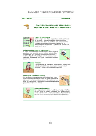 Bricoficha 08.07 “ EQUIPAR A SUA CAIXA DE FERRAMENTAS “

CHAVES DE PARAFUSOS E BERBEQUINS
EQUIPAR A SUA CAIXA DE FERRAMENTAS

CHAVE DE PARAFUSOS
Utilize sempre uma chave de parafusos adaptada à fenda
do parafuso. É por isso necessário possuir diferentes
modelos. Uma chave de parafusos com ponta reversível
(fenda de um lado e philips do outro) adapta -se a
diferentes tipos de parafusos. (1) fenda; (2) "philips"; (3)
pozidriv; (4) torx.
CHAVE DE PARAFUSOS DE ELETRICISTA :
O punho freqüentemente longo e cilíndrico desta chave de
parafusos, está revestido com um plástico isolante. Esta
chave isolada está disponível em diferentes tamanhos e
modelos. A ponta afilada adapta -se bem aos pequenos
parafusos, abraçadeiras para tubos, casquilhos e tomadas
de corrente.
VERRUMA :
A verruma pode ser prática nos locais de difícil acesso, onde
os berbequins (elétricos) não chegam. A sua principal
utilização é preparar o furo para um parafuso.

BERBEQUIM (APARAFUSADORA):
Um berbequim / aparafusadora sem fio pode fazer muito
mais que furar ou aparafusar. Além de brocas e pontas de
aparafusar, numerosos acessórios permitem polir, serrar,
afiar, etc. Verifique se o aparelho é suficientemente potente
para efetuar estas mais difíceis.

FURADOR QUADRADO :
Para os parafusos médios, o furador quadrado permite fazer
um furo prévio na madeira (desde que esta não seja muito
dura), evitando assim o pré -furo com broca. A ponta afiada
permite marcar ou picotar materiais de menor espessura.

6/ 8

 
