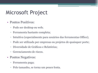 Microsoft Project
• Pontos Positivos:
▫ Pode ser desktop ou web;
▫ Ferramenta bastante completa;

▫ Intuitiva (especialmente para usuários das ferramentas Office);
▫ Pode ser utilizada por empresas ou projetos de quaisquer porte;
▫ Diversidade de Gráficos e Relatórios;
▫ Gerenciamento de riscos.

• Pontos Negativos:
▫ Ferramenta paga;
▫ Pelo tamanho, se torna um pouco lenta.

 