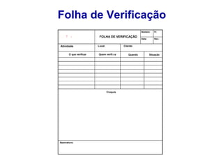 Folha de Verificação
Número:

FOLHA DE VERIFICAÇÃO
Atividade:
O que verificar

Local:

Data:

Rev.:

Cliente:

Quem verifi ca

Croquis

Assinatura:

Fl:

Quando

Situação

 