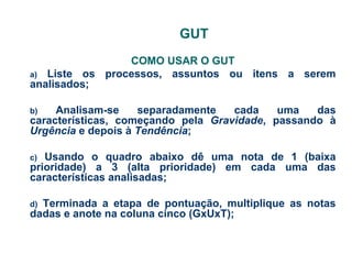 GUT
COMO USAR O GUT
a) Liste os processos, assuntos ou itens a serem
analisados;
Analisam-se
separadamente
cada
uma
das
características, começando pela Gravidade, passando à
Urgência e depois à Tendência;
b)

Usando o quadro abaixo dê uma nota de 1 (baixa
prioridade) a 3 (alta prioridade) em cada uma das
características analisadas;
c)

Terminada a etapa de pontuação, multiplique as notas
dadas e anote na coluna cinco (GxUxT);
d)

 