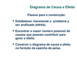 Diagrama de Causa e Efeito
Passos para a construção:
 Estabelecer

claramente o problema a
ser analisado (efeito).

 Encontrar

o maior número possível de
causas que possam contribuir para
gerar o efeito.

 Construir

o diagrama de causa e efeito
no formato da espinha de peixe.

 