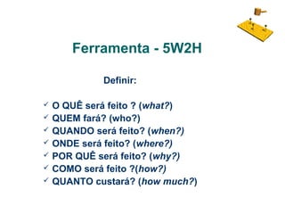 Ferramenta - 5W2H
Definir:








O QUÊ será feito ? (what?)
QUEM fará? (who?)
QUANDO será feito? (when?)
ONDE será feito? (where?)
POR QUÊ será feito? (why?)
COMO será feito ?(how?)
QUANTO custará? (how much?)

 