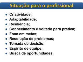 O profissional ? 
Criatividade; 
Adaptabilidade; 
Resiliência; 
Conhecimento e voltado para prática; 
Foco em metas; 
Resolução de problemas; 
Tomada de decisão; 
Espírito de equipe; 
Busca de oportunidades. 
Situação para o profissional  