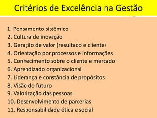 Critérios de Excelência na Gestão 
1. Pensamento sistêmico 
2. Cultura de inovação 
3. Geração de valor (resultado e cliente) 
4. Orientação por processos e informações 
5. Conhecimento sobre o cliente e mercado 
6. Aprendizado organizacional 
7. Liderança e constância de propósitos 
8. Visão do futuro 
9. Valorização das pessoas 
10. Desenvolvimento de parcerias 
11. Responsabilidade ética e social  