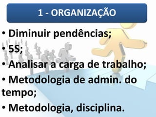 1 -ORGANIZAÇÃO 
•Diminuir pendências; 
•5S; 
•Analisar a carga de trabalho; 
•Metodologia de admin. do tempo; 
•Metodologia, disciplina.  