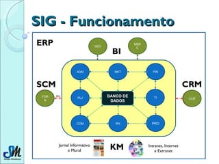 SIG - Funcionamento ERP CRM BI KM MERC GOV Jornal Informativo e Mural Intranet, Internet e Extranet ADM BANCO DE DADOS MKT FIN COM RH PRO PLJ TI FORN EDI SCM CLIE FORN CLIE 