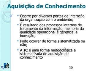 Aquisição de Conhecimento Ocorre por diversas portas de interação da organização com o ambiente; É resultado dos processos internos de tratamento da informação, melhoria da qualidade operacional e gerencial e inovação; Pode ocorrer de forma sistematizada ou não; A  IC  é uma forma metodológica e sistematizada de aquisição de conhecimento 