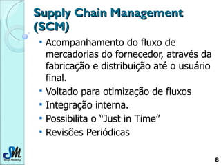 Supply Chain Management   (SCM ) Acompanhamento do fluxo de mercadorias do fornecedor, através da fabricação e distribuição até o usuário final.  Voltado para otimização de fluxos  Integração interna. Possibilita o “Just in Time” Revisões Periódicas  
