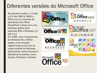 Diferentes versões do Microsoft Office
Da primeira versão, a 1.0 até
a 4.2 (de 1990 à 1994) o
Office era um conjunto de
aplicativos com Word,
PowerPoint e Excel com uma
interface gráfica para
sistemas DOS e Windows 1.0
até o 3.1
Em 1995, com o lançamento
do Windows 95, o Office
passou a ser lançado
regularmente junto com as
novas versões do Windows,
adicionando novos recursos e
aplicativos ao pacote, como
Access, Publisher e Outlook
 