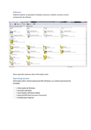 Software
Podemos explorar as aplicações instaladas, processos, módulos, serviços e outros
componentes de software.




Neste seperador podemos obter informações sobre

Operating System
Informações sobre sistema operacional (OS), Windows, ou o sistema operacional de
emulação.

    > Informações do Windows
    > principais aplicações
    > Auto-Update e Windows Update
    > status do DEP (Data Execution Prevention)
    > Configurações regionais
 
