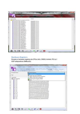 Hardware Registers
Esvazie a hardware registros de CPUs, BIOS, CMOS, NVRAM, PCI (e) /
AGP edispositivos SMBus/i2c.
 