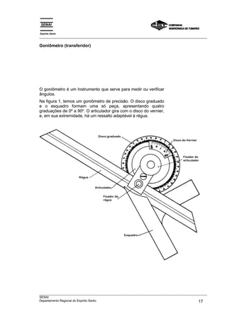 Espírito Santo
___________________________________________________________________________________________________

Goniômetro (transferidor)




O goniômetro é um Instrumento que serve para medir ou verificar
ângulos.
Na figura 1, temos um goniômetro de precisão. O disco graduado
e o esquadro formam uma só peça, apresentando quatro
graduações de 0º a 90º. O articulador gira com o disco do vernier,
e, em sua extremidade, há um ressalto adaptável à régua.




___________________________________________________________________________________________________
SENAI
Departamento Regional do Espírito Santo                                                       17
 