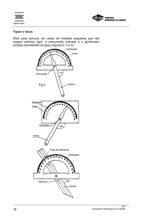 Espírito Santo
___________________________________________________________________________________________________

Tipos e Usos

Para usos comuns, em casos de medidas angulares que não
exigem extremo rigor, o instrumento indicado é o goniômetro
simples (transferidor de grau) (figuras 2, 3 e 4).




                      Fig.2




___________________________________________________________________________________________________
                                                                                               CST
18                                                                 Companhia Siderúrgica de Tubarão
 