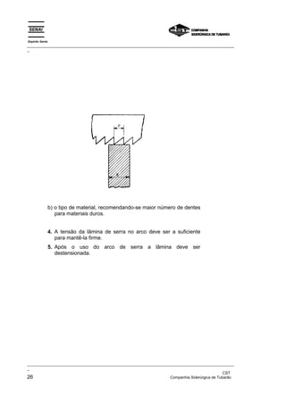 Espírito Santo
_________________________________________________________________________________________________
_




                 b) o tipo de material, recomendando-se maior número de dentes
                    para materiais duros.


                 4. A tensão da lâmina de serra no arco deve ser a suficiente
                    para mantê-la firme.
                 5. Após o uso do arco de serra a lâmina deve ser
                    destensionada.




_________________________________________________________________________________________________
_
                                                                                               CST
26                                                                 Companhia Siderúrgica de Tubarão
 