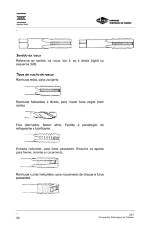 Espírito Santo
_________________________________________________________________________________________________
_




Sentido da rosca
Refere-se ao sentido da rosca, isto é, se é direita (right) ou
esquerda (left).


Tipos de macho de roscar
Ranhuras retas, para uso geral.




Ranhuras helicoidais à direita, para roscar furos cegos (sem
saída).




Fios alternados. Menor atrito. Facilita a penetração do
refrigerante e lubrificante.




Entrada helicoidal, para furos passantes. Empurra as aparas
para frente, durante o roscamento.




Ranhuras curtas helicoidais, para roscamento de chapas e furos
passantes.




_________________________________________________________________________________________________
_
                                                                                               CST
44                                                                 Companhia Siderúrgica de Tubarão
 
