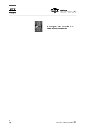 Espírito Santo
_________________________________________________________________________________________________
_




                                                       A rebitagem está concluída e as
                                                       partes firmemente fixadas.




_________________________________________________________________________________________________
_
                                                                                               CST
14                                                                 Companhia Siderúrgica de Tubarão
 