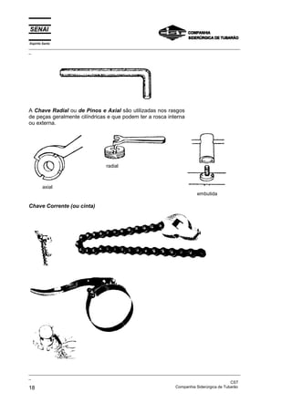 Espírito Santo
_________________________________________________________________________________________________
_




A Chave Radial ou de Pinos e Axial são utilizadas nos rasgos
de peças geralmente cilíndricas e que podem ter a rosca interna
ou externa.




                                    radial



        axial
                                                                              embutida

Chave Corrente (ou cinta)




_________________________________________________________________________________________________
_
                                                                                               CST
18                                                                 Companhia Siderúrgica de Tubarão
 