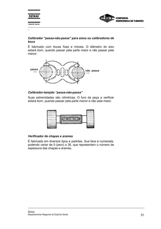 Espírito Santo
_________________________________________________________________________________________________
_



Calibrador “passa-não-passa” para eixos ou calibradores de
boca
É fabricado com bocas fixas e móveis. O diâmetro do eixo
estará bom, quando passar pela parte maior e não passar pela
menor.




Calibrador-tampão “passa-não-passa”
Suas extremidades são cilíndricas. O furo da peça a verificar
estará bom, quando passar pela parte menor e não pela maior.




Verificador de chapas e arames
É fabricado em diversos tipos e padrões. Sua face é numerada,
podendo variar de 0 (zero) a 36, que representam o número de
espessura das chapas e arames.




_________________________________________________________________________________________________
_
SENAI
Departamento Regional do Espírito Santo                                                       31
 