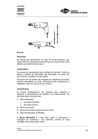 Espírito Santo
_________________________________________________________________________________________________
_




Brocas

Descrição
As Brocas são ferramentas de corte, de forma cilíndrica, com
canais retos ou helicoidais que terminam em ponta cônica e são
afiadas com determinado ângulo.

Comentários
As brocas se caracterizam pela medida do diâmetro, forma da
haste e material de fabricação, são fabricadas, em geral, em
aço carbono e também em aço rápido.
As brocas de aço rápido são utilizadas em trabalhos que exijam
maiores velocidades de corte, oferecendo maior resistência ao
desgaste e calor do que as de aço carbono.

Classificação
As brocas apresentam-se em diversos tipos, segundo a
natureza e características do trabalho a ser desenvolvido. Os
principais tipos de brocas são:
1. Broca Helicoidal
   • De Haste Cilíndrica
   • De Haste Cônica
2. Broca de Centrar
3. Broca com Orifícios para Fluído de Corte
4. Broca Escalonada ou Múltipla

A Broca Helicoidal é o tipo mais usado, e apresenta a
vantagem de conservar o seu diâmetro, embora se faça
reafiação dos gumes várias vezes.

_________________________________________________________________________________________________
_
SENAI
Departamento Regional do Espírito Santo                                                       45
 