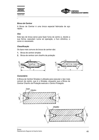 Espírito Santo
_________________________________________________________________________________________________
_



Broca de Centrar
A Broca de Centrar é uma broca especial fabricada de aço
rápido.

Uso
Este tipo de broca serve para fazer furos de centro e, devido a
sua forma, executam numa só operação, o furo cilíndrico, o
cone e o escareado.

Classificação
Os tipos mais comuns de broca de centrar são:
1. Broca de centrar simples
2. Broca de centrar com chanfro de proteção




Comentário
A Broca de Centrar Simples é utilizada para executar o tipo mais
comum de centro, que é o Simples, enquanto que a Broca de
Centrar Chanfro de Proteção executa o Centro Protegido.




_________________________________________________________________________________________________
_
SENAI
Departamento Regional do Espírito Santo                                                       49
 
