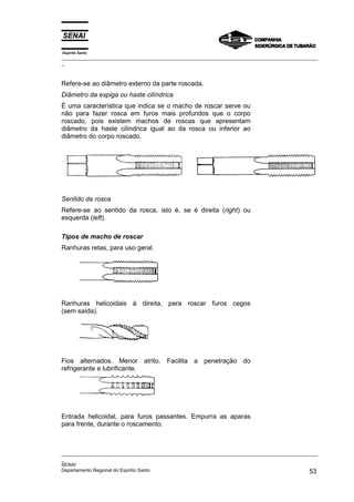 Espírito Santo
_________________________________________________________________________________________________
_



Refere-se ao diâmetro externo da parte roscada.
Diâmetro da espiga ou haste cilíndrica
É uma característica que indica se o macho de roscar serve ou
não para fazer rosca em furos mais profundos que o corpo
roscado, pois existem machos de roscas que apresentam
diâmetro da haste cilíndrica igual ao da rosca ou inferior ao
diâmetro do corpo roscado.




Sentido da rosca
Refere-se ao sentido da rosca, isto é, se é direita (right) ou
esquerda (left).

Tipos de macho de roscar
Ranhuras retas, para uso geral.




Ranhuras helicoidais à direita, para roscar furos cegos
(sem saída).




Fios alternados. Menor atrito. Facilita a penetração do
refrigerante e lubrificante.




Entrada helicoidal, para furos passantes. Empurra as aparas
para frente, durante o roscamento.



_________________________________________________________________________________________________
_
SENAI
Departamento Regional do Espírito Santo                                                       53
 